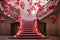 Staircase with red and pink flower garlands, heart-shaped balloons and candles on the steps - interior design for