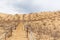 The staircase rises to a sandy dune. Climbing to the top in the desert