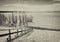 Staircase to the frozen Volga river, Russia, retro style, black and white photo