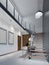 Staircase to the second floor in a modern apartment with metal railings and wooden steps with large pendant lamps, black and white