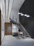 Staircase to the second floor in a modern apartment with metal railings and wooden steps with large pendant lamps, black and white