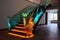 staircase with unique glass railing and led lights