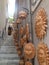 Staircases with some vases and decorative objects on the wall in Sicily, Italy.