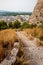 Stairs along the castle `Santa Anna` with aerial view on the Spanish old town Oliva, Spain