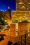 Stairs and buildings at night at the Inner Harbor in Baltimore,