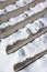 Stairs covered by snow and footprints