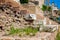 Stairs on the entrance of the Temple of Antoninus and Faustina at the Roman Forum in Rome