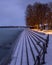 Stairs of the Molo in Bregenz after sunset and snowfall