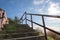 Stairs on observation deck on Hollywood Hills. Warm sunny day. Beautiful clouds in blue sky