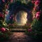 The stairs and the road, the path in the rose garden, the sun\\\'s rays falling. Flowering flowers, a symbol of spring, new
