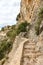 Stairs stairway to castle Castell d`Alaro hiking trail path way on Mallorca travel traveling holidays vacation portrait format in
