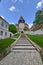 Stairs to the entrance of the fortified church of Bazna, Romania.