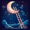 Stairs to the moon. Fantasy illustration in cartoon style. Generative AI