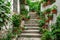 stairway adorned with an abundance of potted plants