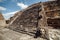 Stairway and the carving details of Quetzalcoatl Pyramid at Teotihuacan Ruins - Mexico City.