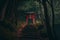 The stairway leading to the red Japanese shrine entrance is deep in the woods, With Generative AI
