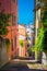 Stairway between multicolored buildings with colorful walls