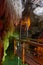 Stalactites hanging over a stairway in underground semi submersed cave