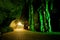 Stalagmite ,stalactite, limestone and tunnel with green lighting.