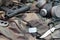 Stalker soldiers soviet gas mask lies with handgun and knife on green khaki camouflage jackets