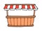 Stall counters in flat style. A doodle-style food market, a wooden counter with a red and white striped awning, with a black