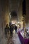 Stalls and people inside the ancient Rocca Paolina building in Perugia, Italy