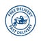 Stamp grunge rubber Free delivery in blue.  Seal of Fast delivery  with  Man in medical mask  on motorcycle