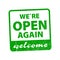 Stamp Open again rubber in green. Reopen. Sign from closed to open sign after lockdown for your  design.