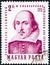 A stamp printed in Hungary shows a portrait image of William Shakespeare