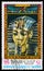 Stamp printed Sharjah shows the mask of Tutankhamun`s mummy head