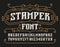 Stamper alphabet font. Vintage messy letters, numbers and symbols for label, badge or emblem design.