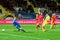 Stancu (Romania) scoring a goal against the Lithuanian football team