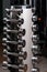 Stand with chrome dumbbells in a gym center