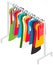 Stand with clothes and costumes. Hanger for home or boutique interior. Wardrobe items for outfit