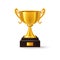 Stand with golden 3d trophy, realistic winner cup