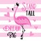 Stand Tall Dream Big- motivational text with cute flamingo, isolated on striped backgound.