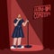 Stand-up comedic woman. Comedy artist. The performance of a female comedian