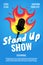 Stand up comedy night live show A3 A4 poster design template. Standup microphone with fire on blue background. Hot jokes