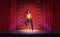 Stand up comedy show on theatre stage with female comedian, talent woman sitting on stool