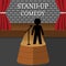 Stand-Up Comedy Vector Interior. Man or Woman Performs on Stage. Theater Scene with Red Curtains and Grey Brick Wall. Vector