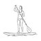 Stand up paddle surfing, boarding. Single female surfer with paddle. Surfrider girl on board. Paddleboarding, SUP