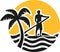 Stand up paddling icon with sun sea and palm