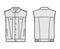 Standard denim vest technical fashion illustration with flap welt pockets, button closure, classic collar, sleeveless