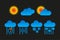 Standard set of weather icons on a black background.