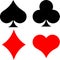Standard suits of playing cards Hearts, Diamonds, Club, Spades. Red and black on a white background