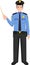 Standing American Policeman Officer with Wooden Pointer Stick in Traditional Uniform Character Icon in Flat Style