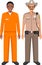 Standing American Policeman Sheriff Officer in Uniform and African American Prisoner Person in Traditional in Prison