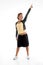 Standing attractive woman pointing upward