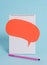 Standing blank spiral notepad speech bubble above pen lying cool pastel retro background. Empty text important future