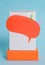 Standing blank spiral notepad speech bubble arrow banners rectangular box above lying cool pastel retro background